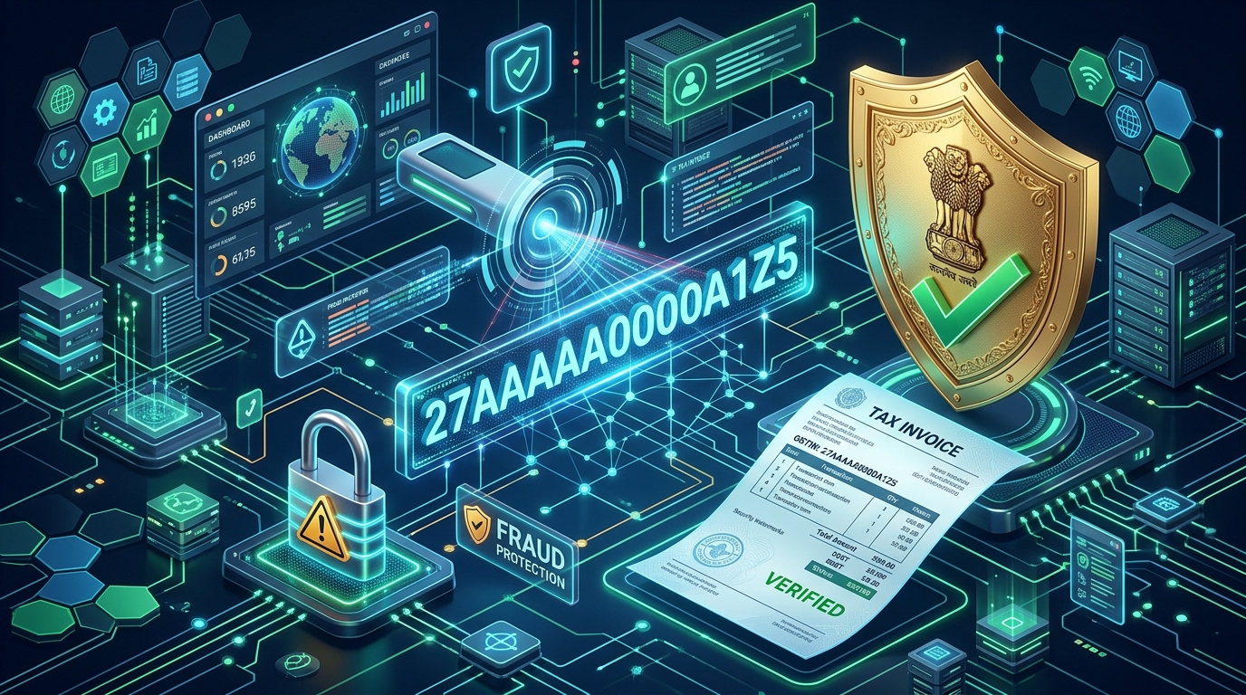 GST Number Search and Verification Guide showing 15-digit GSTIN breakdown and official portal verification